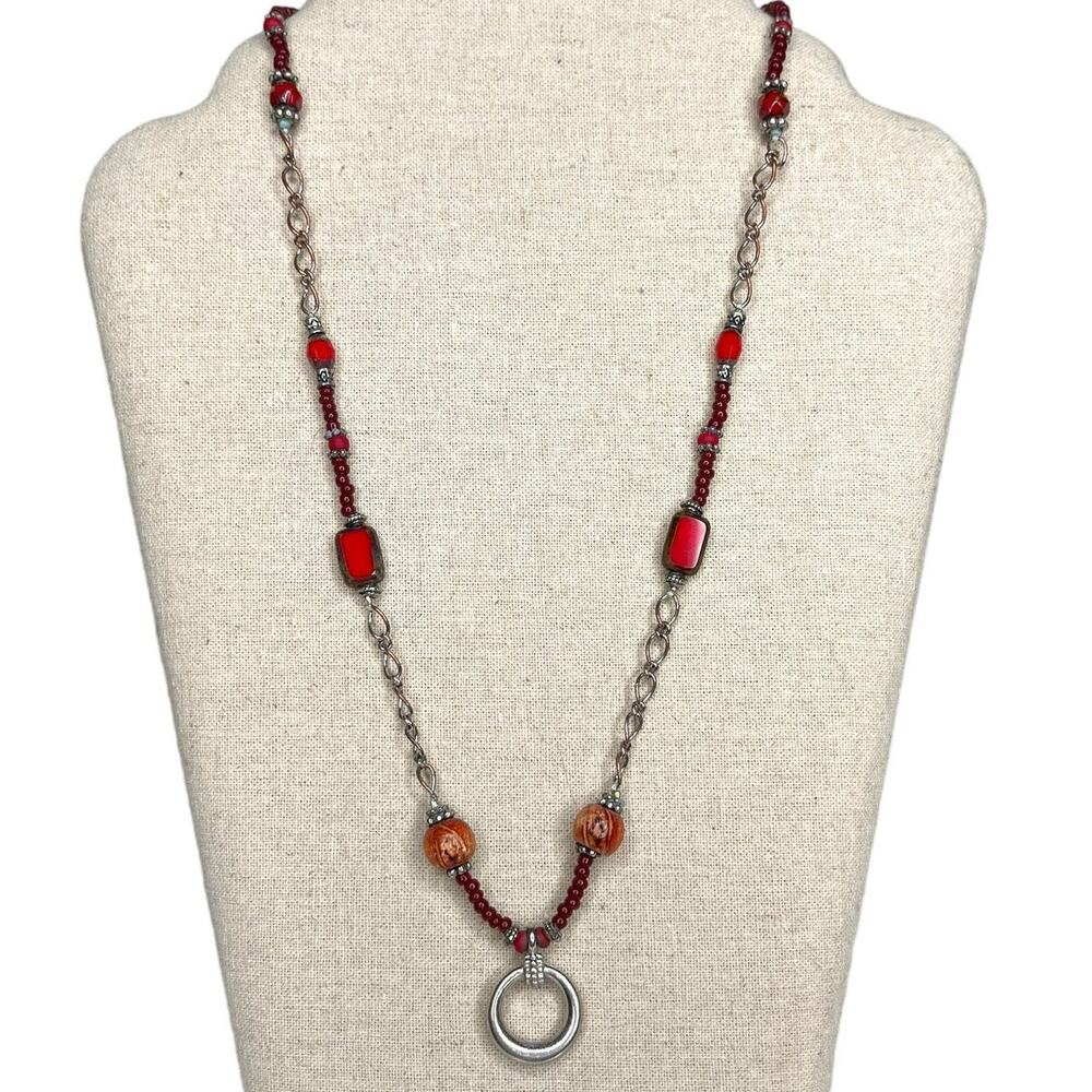 Vintage Artisan Beaded Pendant Necklace Red Glass Wood Silver Tone Boho 24”